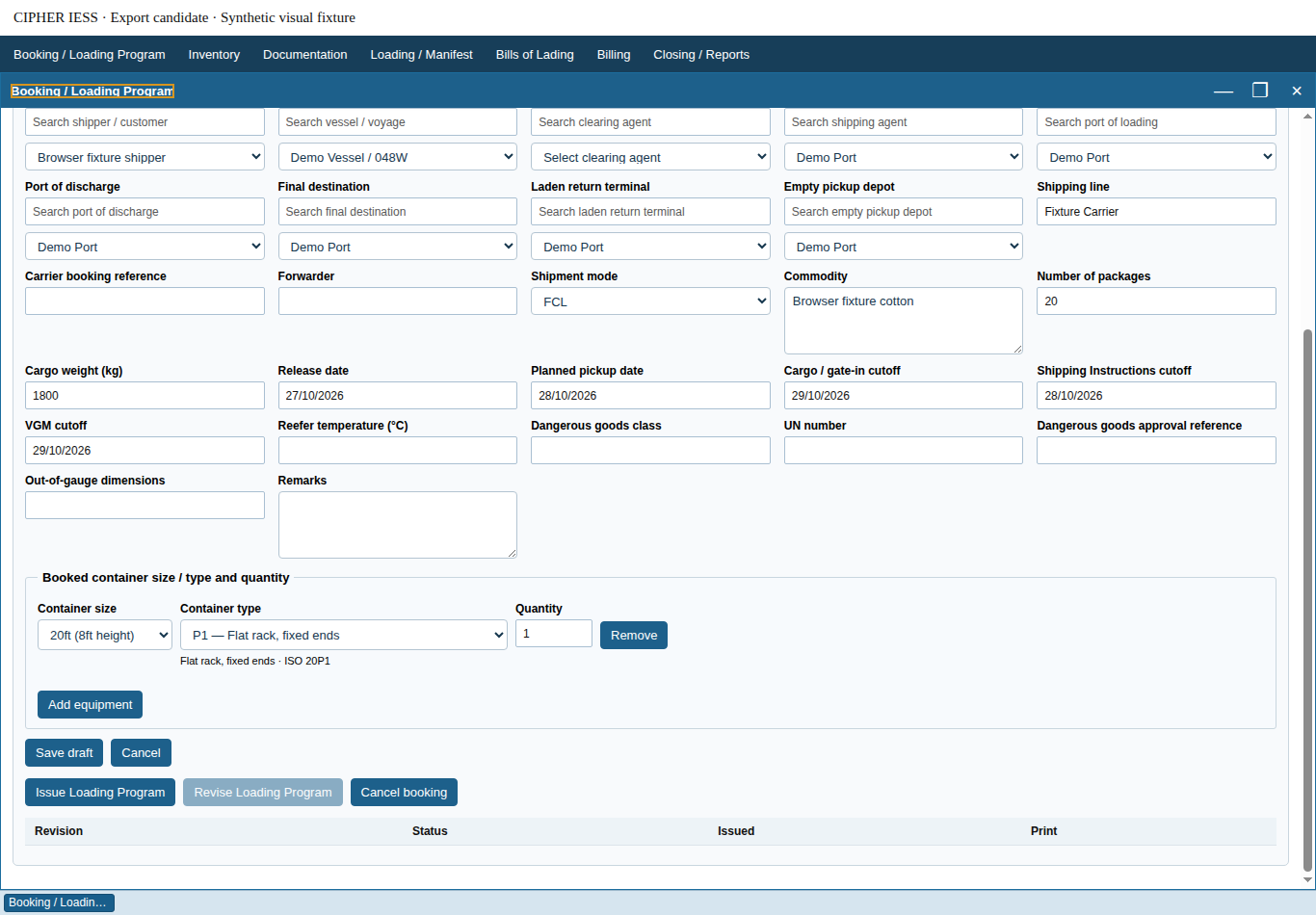 Actual CIPHER IESS Booking / Loading Program interface showing demo shipper, voyage, cargo, date and container size/type fields