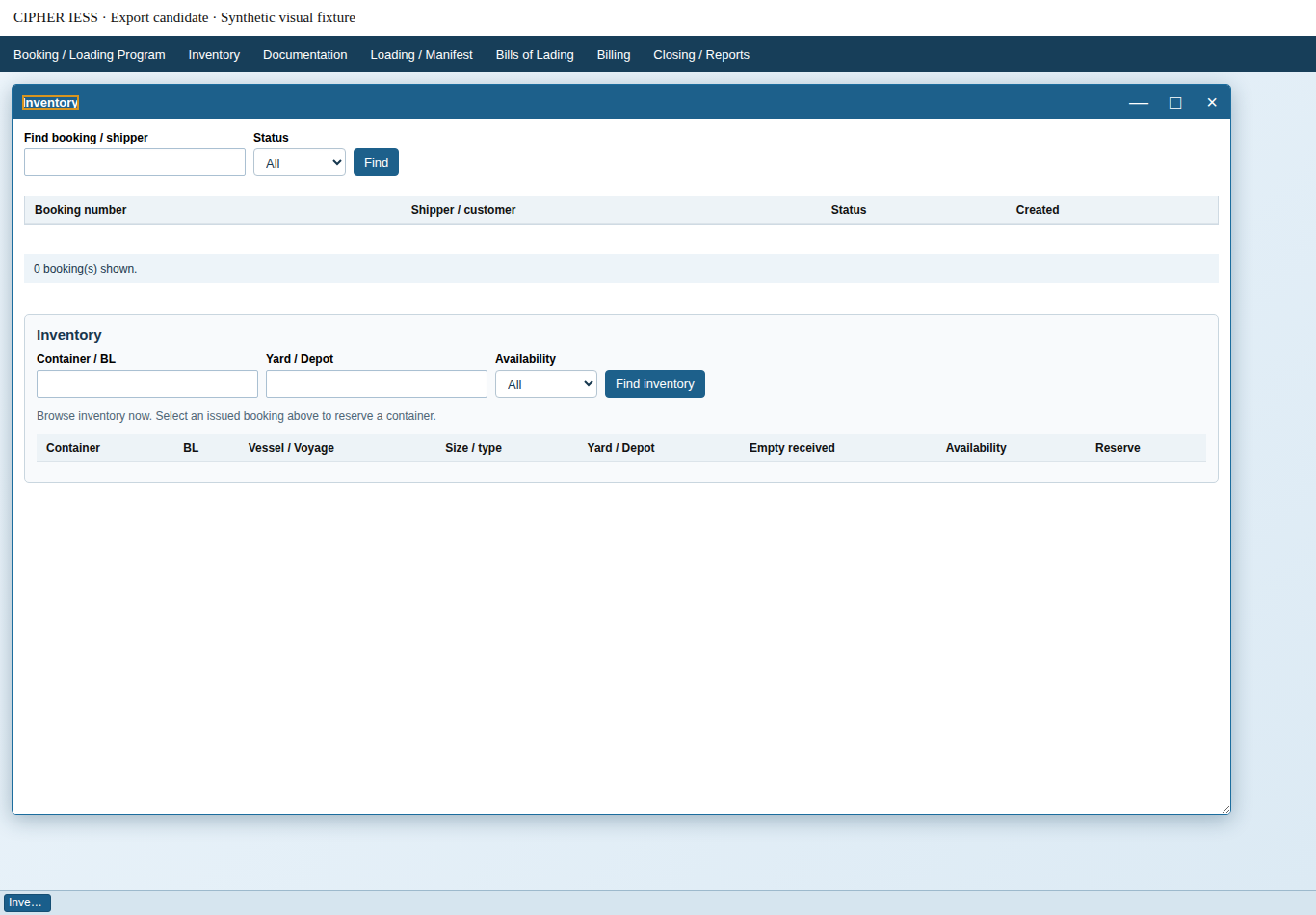 Actual CIPHER IESS Inventory interface with Container/B/L, Yard/Depot and Availability filters and an empty demo register